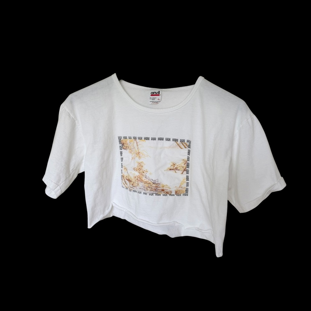 90's Anvil Kauai Hawaii Crop Top White Cotton Short Sleeve Boxy Tee Large